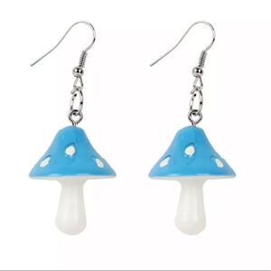 Blue Mushroom Drop Earrings Psychedelic Magic Fun Funky